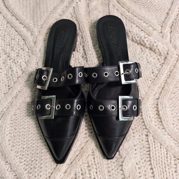 SCHUTZ Shoes - Schutz Penny Flat Leather Mules Black Double Moto Buckle Pointed Toe Women 6 NEW